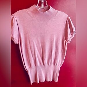 Pretty in Pink Knit Mock Neck Puffed Short Sleeve Top ready for Valentines Day